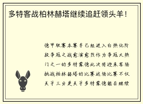 多特客战柏林赫塔继续追赶领头羊！